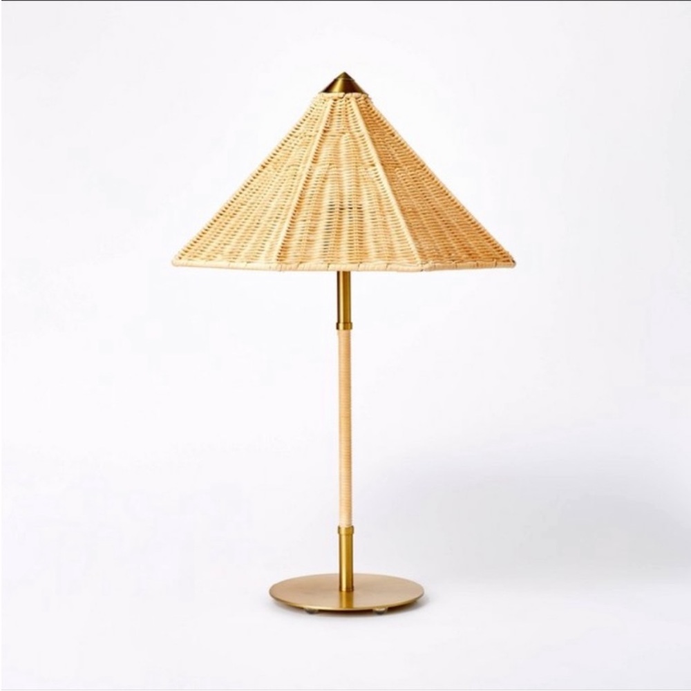 Threshold Studio McGee Rattan lamp with gold accents and tapered shade. NO Bulb